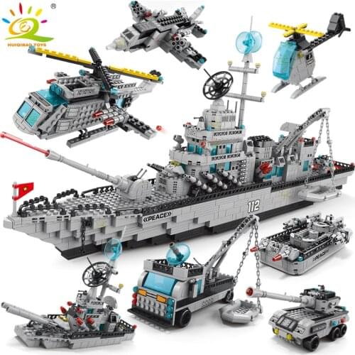 HUIQIBAO 1560pcs 6in1 Aircraft Warship Cruiser Building Blocks Military Army Ship Robot Bricks City Construction Children Toys