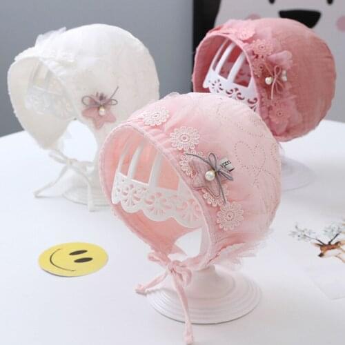 Summer Spring Newborn Baby Hat Windproof Cute Lace Flower Thin Sun Hat Princess Baby Girl Adjustable Breathable Cotton Baby Hat