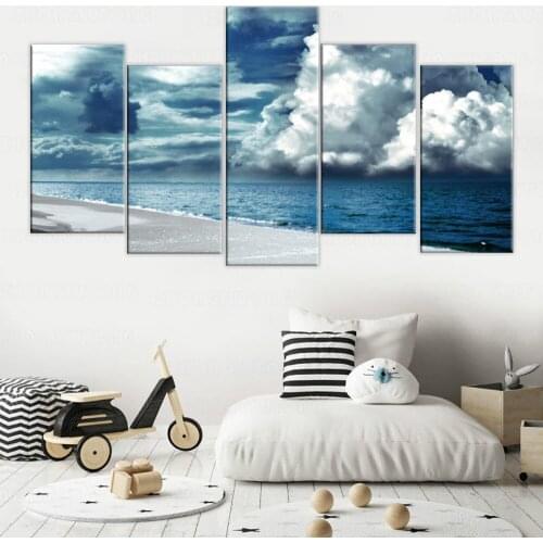 Living Room Wall Decor Canvas Pictures 5 Pieces Blue Sky White Cloud And Beach Seascape Painting Art Frame Modular Poster Prints