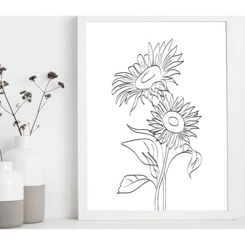 Sunflower Minimalist One Line Art Prints Black White Abstract Plant Drawing Canvas Painting Wall Pictures Living Room Decor
