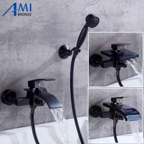 Black Bronze Brushed Luxury Bathroom Great Waterfall Bathtub Faucet Brass Mixer Glass Spout With Hand Shower Head Shower Faucet