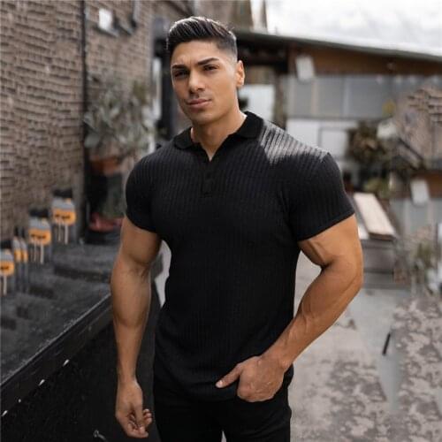 Gym Knitted Polo Shirt Men Fitness Skinny Short Sleeve T-shirt Male Bodybuilding Tee Shirt Sports Polos Summer Workout Clothing
