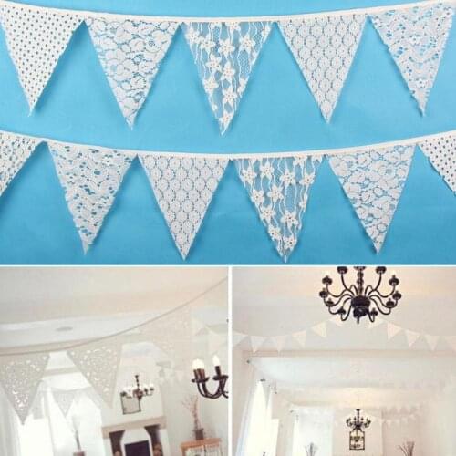 Vintage Wedding Decoration Bunting Rustic Burlap Banner Lace White Fabric Pennant Garlands Party Supplies 3.2m 12 Flags