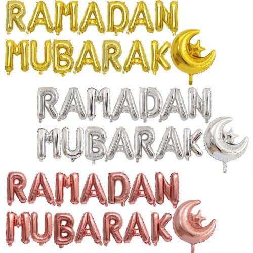 15 Pcs/Set Rose Gold RAMADAN MUBARAK Foil Balloons Silver Letter with Star Moon Eid Ballon for Muslim Festival Party Decoration