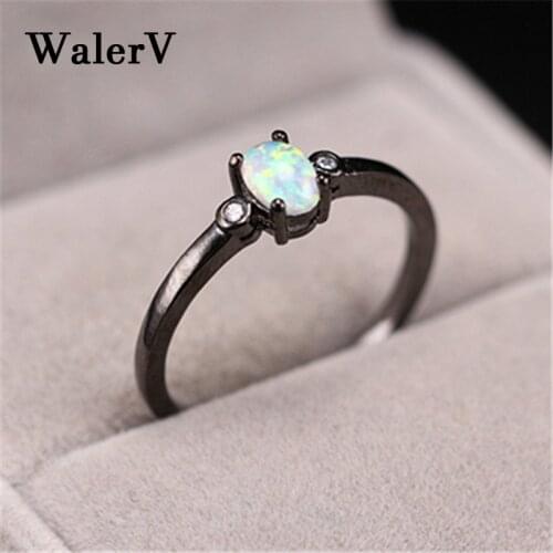 WalerV Black Gold Ring for Women Set Simple Charm Oval White Fire Opal Stone Wedding Engagement Jewelry Gift