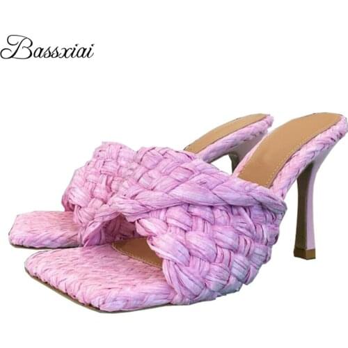 Braided Cane Weave Sandals For Girls Women Sexy Thin High Heel Square Toe Slingbacks Knitted Runway Mules Lady