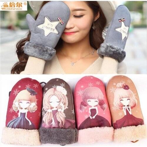 Women Winter Plus Cashmere Keep Warm Faux Suede Skiing Gloves,Windproof,Jogging Cycling Sport Girl Cartoon Cute Princess Mittens