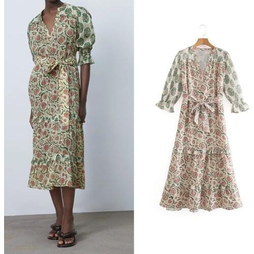 Womens Dress Floral Print Bow Sashes Vintage Za Dress V Neck Short Sleeve Chiffon Mid Calf Dresses Female Elegant Vestidos