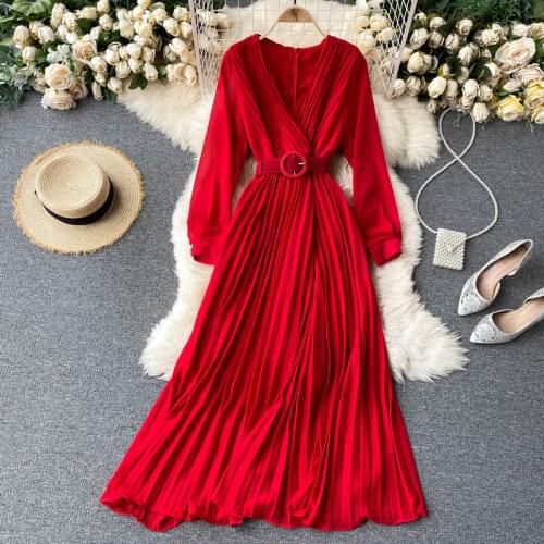 Spring And Autumn Solid Color Sexy Womens Chiffon Pleated Dress 2021 Vintage Elegant V-Neck Red Maxi Dress With Belt Femme Robe