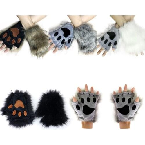 Winter Furry Plush Half Finger Gloves Bear Paw Embroidery Fingerless Mittens