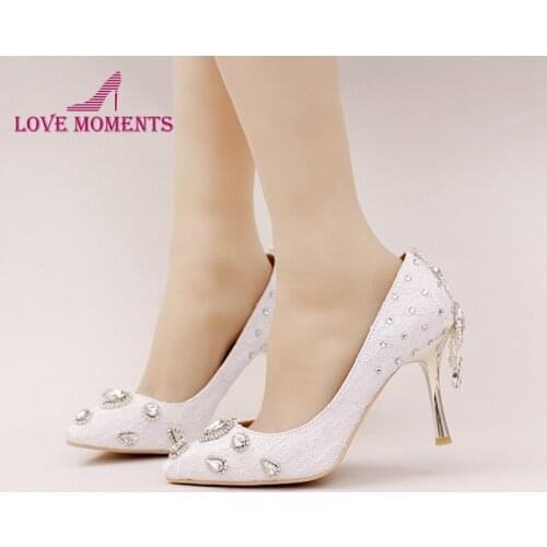 2018 New Style White Lace Bridal Shoes Rhinestone High Heel Wedding Party Shoes Pointed Toe Formal Dress Shoes Women Pumps