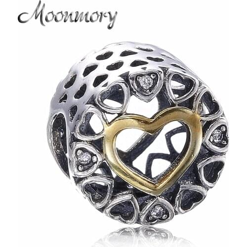 Moonmory Openwork Loving Circle 925 Sterling Silver Heart Charms Bead With CZ Fits For Brand Bracelet Bead DIY Jewelry Marking