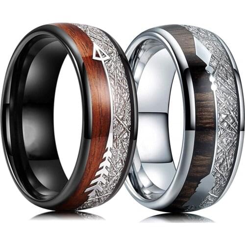 8mm Black and White Stainless Steel Ring Koa Wood Arrow Inlay Wedding Band Fashion Mens Accessories Size 6-13