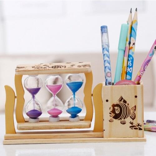 Three quicksand pen holder hourglass wooden pen holder combination ornaments student stationery gifts