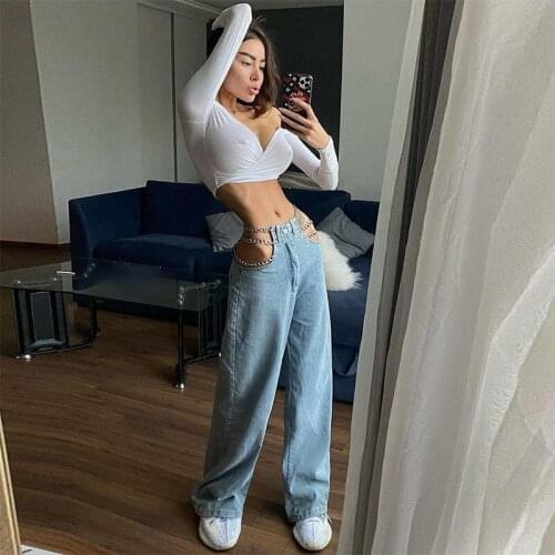 Women New Fashion Casual Jeans Sexy Chain High Waist Denim Straight Pants Party Shopping Holiday Vacation Club Girls Streetwear