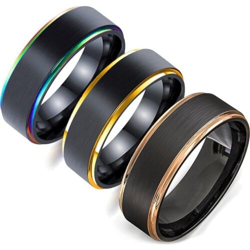 FDLK New Fashion 8mm Colorful Stainless Steel Ring Black Brushed Wedding Band Mens Ring for Party Wedding Jewelry Gift