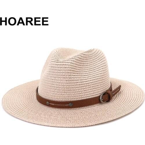 HOAREE Pink Panama Hat Straw Summer Hats for Women Men Fedora Wide Brim Belt Decorate Male Female Jazz Sombrero Cap