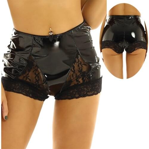 IEFiEL Fashion Womens Wet Look Patent Leather Lingerie High Waist Front Lace Panel Full Coverage Panty Boy Shorts Underwear