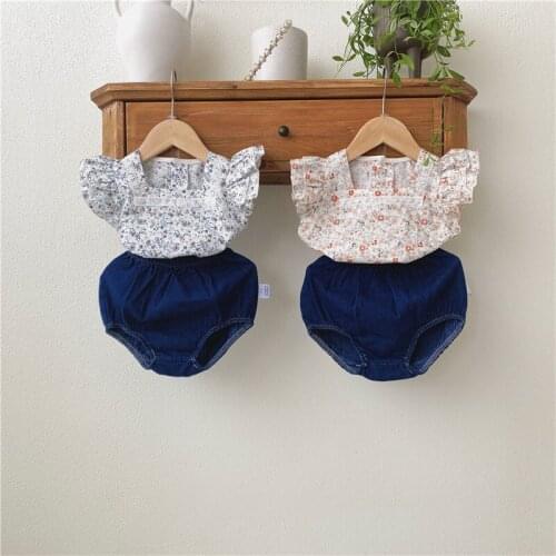 Summer Girls' Clothes Set Korean Baby Girls Floral Sleeve Shirt Top Denim Bag Pants Two Piece Suit