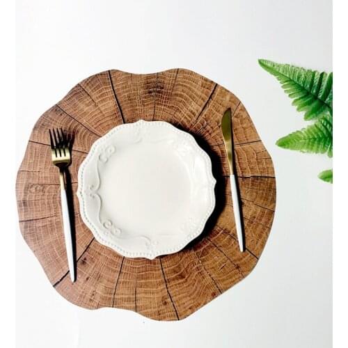 Round PVC Table Mat Imitation Wood Grain Decorative Placemat Insulation Non-Slip Coaster Kitchen Table Decoration Accessories