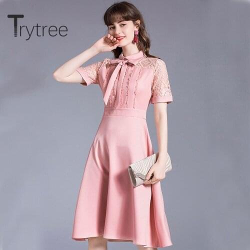 Trytree 2020 Summer Women Casual Dress Turn-down Collar Print Lace Pink Bow Temperament Elegant Knee-Length Office Lady Dress