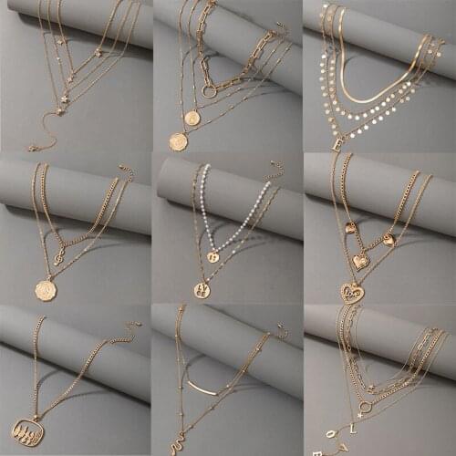 HuangTang Multilayer Heart Love Snake Pendant Necklace for Women Boho Pearl Star Sequins Long Necklace Charming Jewelry Party