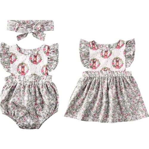 2020 Summer Cute Infant Baby Girls Dress/Romper Headband Ruffles Sleeve Floral Print A-Line Dress Kids Jumpsuits
