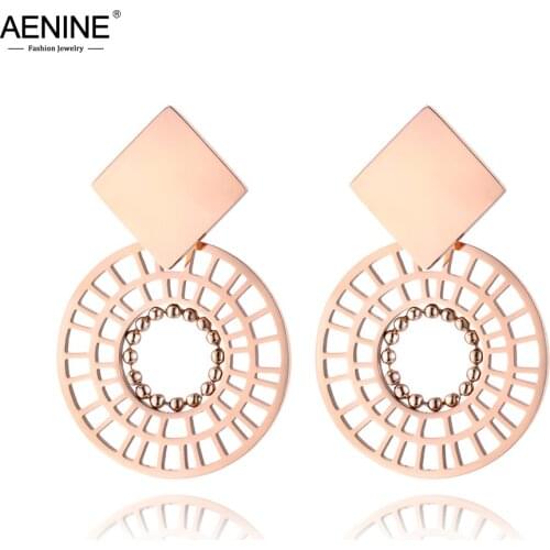 AENINE Trendy Stainless Steel Earring Rose Gold Color Square & Hollow Out Round Disc Stud Earrings Gift For Women Girl AE18447