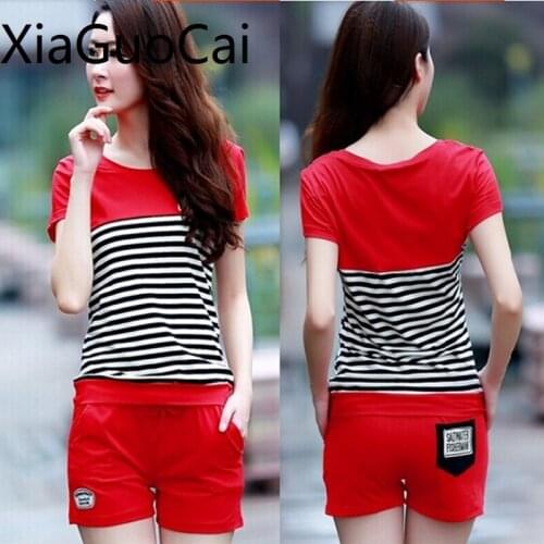 Fashion 2018 Summer Womans Clothing Sets Cotton Female T-shirts and Shorts Suit Casual Two-piece Striped Sets for Ladies