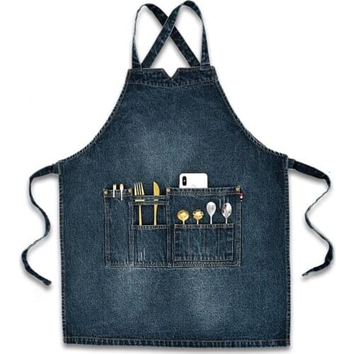 Customized personalized fashion denim apron kitchen stain resistant restaurant coffee milk tea shop creative work clothes