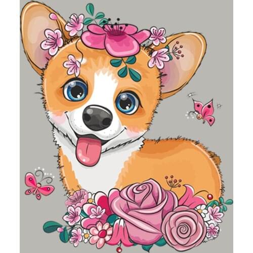 Cartoon Corgi With Flowers Thermal Stickers Vinyl Tops Diy Fashion Heat Transfer Appliqued Iron Patch Washable Custom Transfer