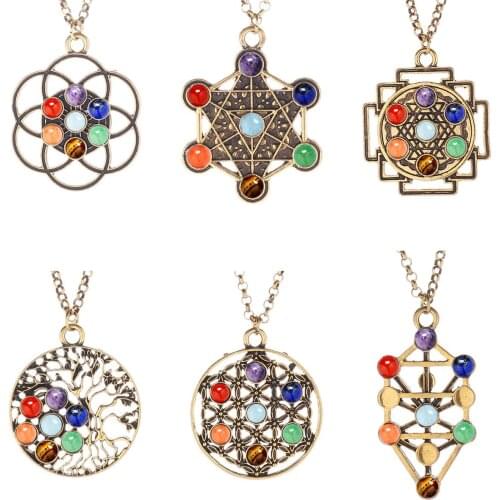 Natural Stone Seven Star Colour Bead Ancient Gold Environmental Protection Alloy Pendeloque Cut Necklace Golden 2019 jingyang