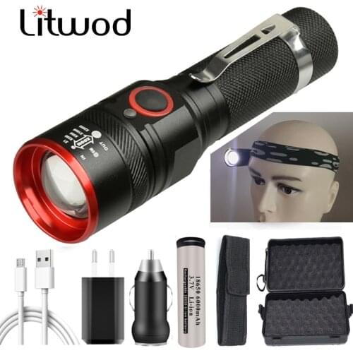 Rechageable XML-T6 LED Flashlight Torch Micro USB port lantern with headbank 4 lighting modes Zoomable Fishing outdoor lighting