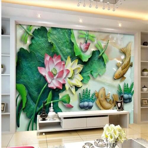 Custom wallpapers 3d Lotus wallpapers background wall jade carving background wall decorative painting mural