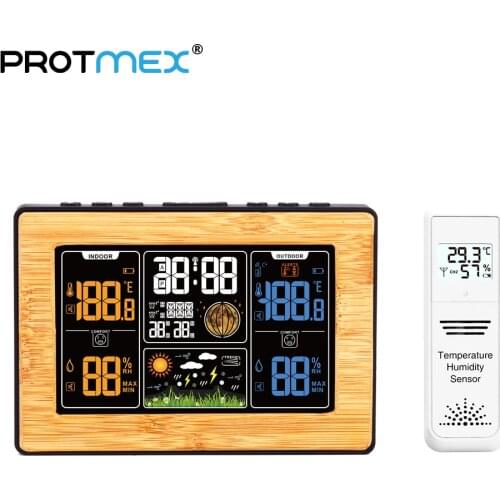 PROTMEX 201B Wireless Weather Station Temperature Humidity Weather Forecast Clock in/outdoor With Bamboo Case