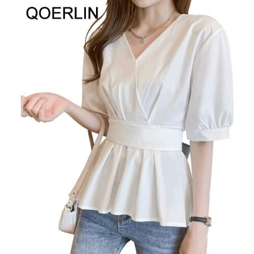 QOERLIN Summer White Women Shirts Back Bow Tie Chic Blouse Elegant Short Sleeve V-neck All-match Female Chiffon Blouse Girly Top