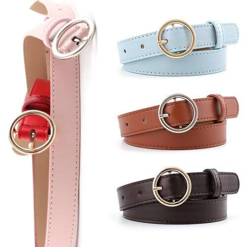 Fashion Women PU Leather Belt Gold Silver Round Pin Buckle Waist Strap New Design Ladies Trouser Dress Decoration Waistband