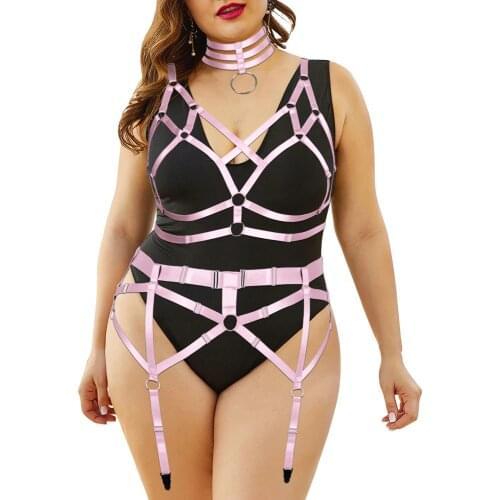 Sexy Lingerie 2Pc Full Body Women Harness Cage Bra Garter Belts Collar Accessories Busty Plus Size Punk Goth Exotic Costumes
