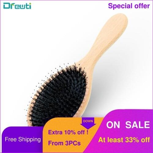 DREWTI Boar Bristle Cushion Hair Comb Hair Brush Wooden Handle Styling Tool Barber Shop Hairdressing Tool For Women,Men