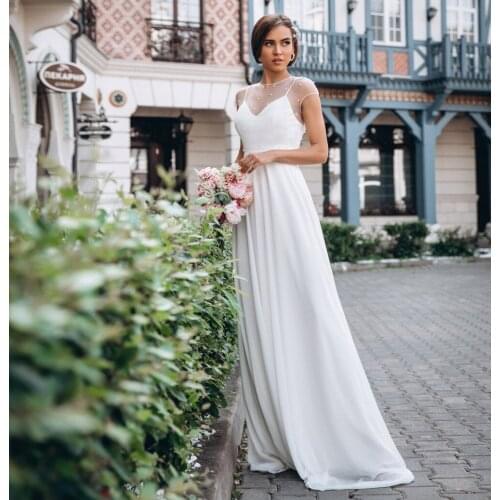 Short Sleeve Chiffon Wedding Dresses O-Neck Lace Applique Bridal Gown A Line Wedding Gowns Custom Made Vestidos de Noivas