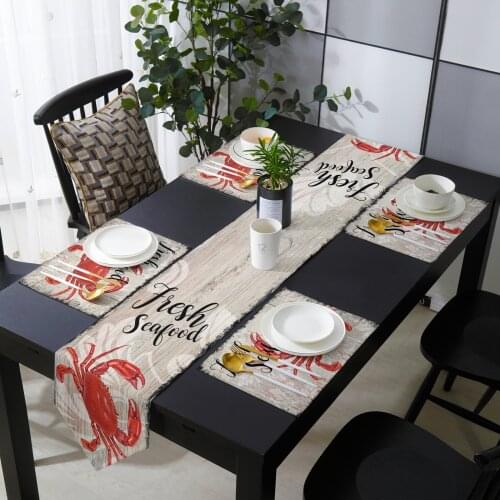 Wood Grain Retro Crab Illustration Table Runner Placemat Set Tablecloth Dining Table Mat Home Wedding Table Decoration
