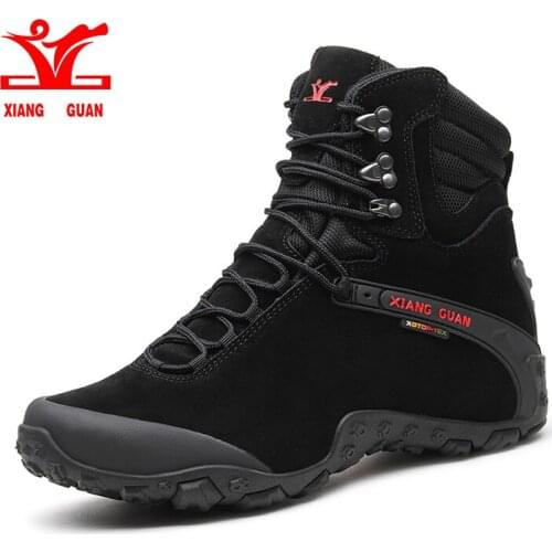 XIANG GUAN Men Women high Top Hiking shoes Cow Leather waterproof Tactical boots Outdoor camping Climbing Hunting black sneakers