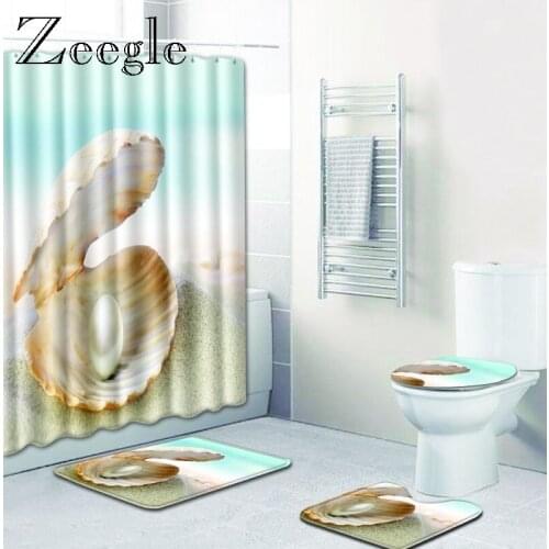 Zeegle Starfish Pattern 4PCS Bathroom Set and Shower Curtain Non Slip Bathroom Mat Washing Machine Mat Quick Dry Mats