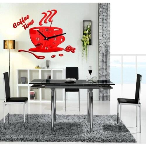 3D Coffee Cup Mirror Wall Sticker Wall Clock Mute Kitchen Home Decoration Cup Shape Wall Sticker Hollow Digital Clock