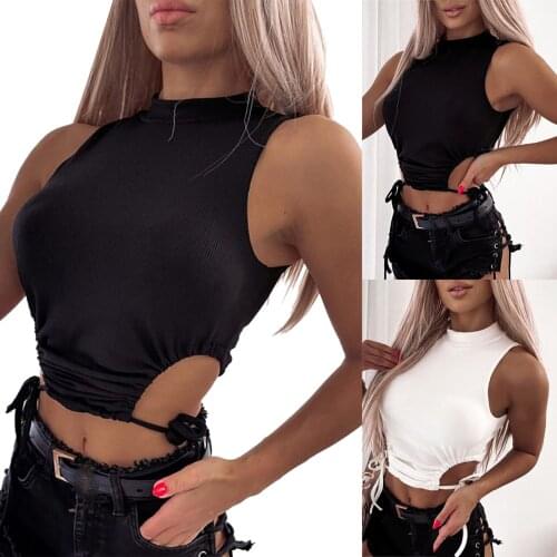 Womens Rib Knit Tank Tops Sleeveless Mock Neck Solid Color Cut Out Lace Up Crop Tops Drawstring waistcoat Vest For Female