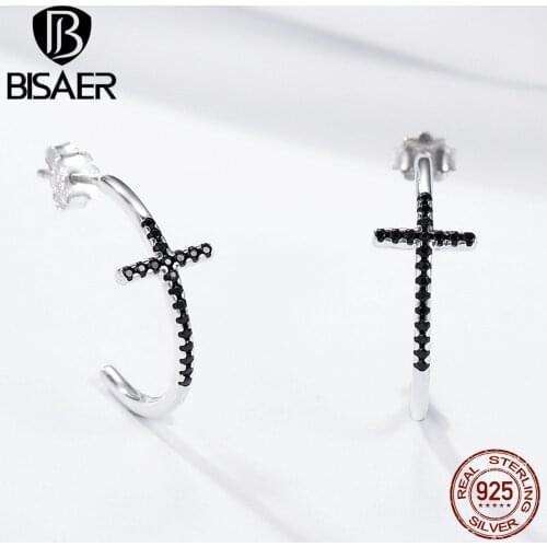 BISAER Authentic 925 Sterling Silver Classic Cross Faith Small Hoop Earrings for Women Black Zircon Cross Earrings Fine Jewelry