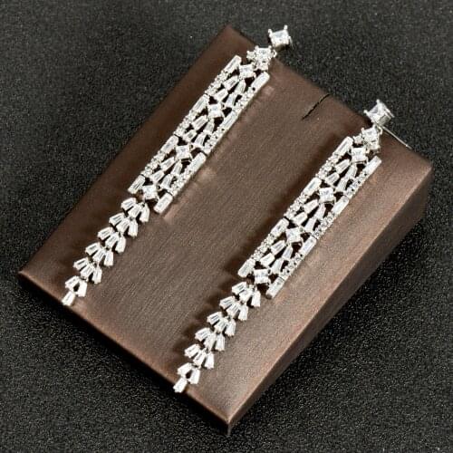 HIBRIDE Exquisite Wedding Leaf Design Baguette Long Drop Tassel Earrings Cubic Zirconia Brincos for Women Jewelry Bijoux E-1003