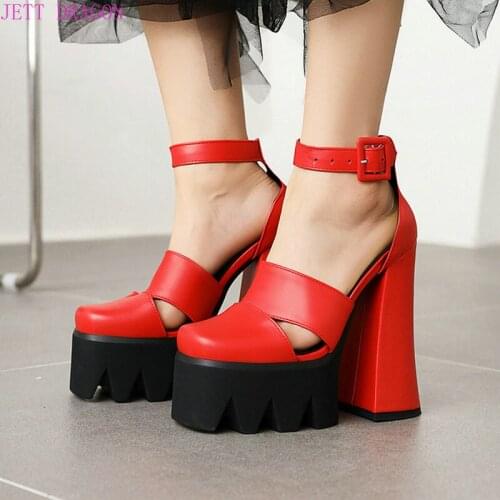 2021 Square High Heel Platform Women Pumps Fashion Buckle Women High Heel Shoes Party Womens Shoes Black Red 34-43