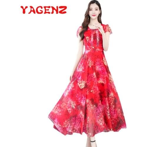 YAGENZ Summer Chiffon Dress Woman Dress Plus size Flowers Print Long Dresses For Women Vestido De Mujer Kobieta Sukienka 767