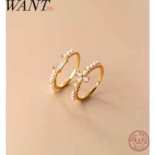 WANTME 925 Sterling Silver Sweet Square Zircon Four Petal Flower Pearl Open Finger Ring for Women Romantic Wedding Fine Jewelry